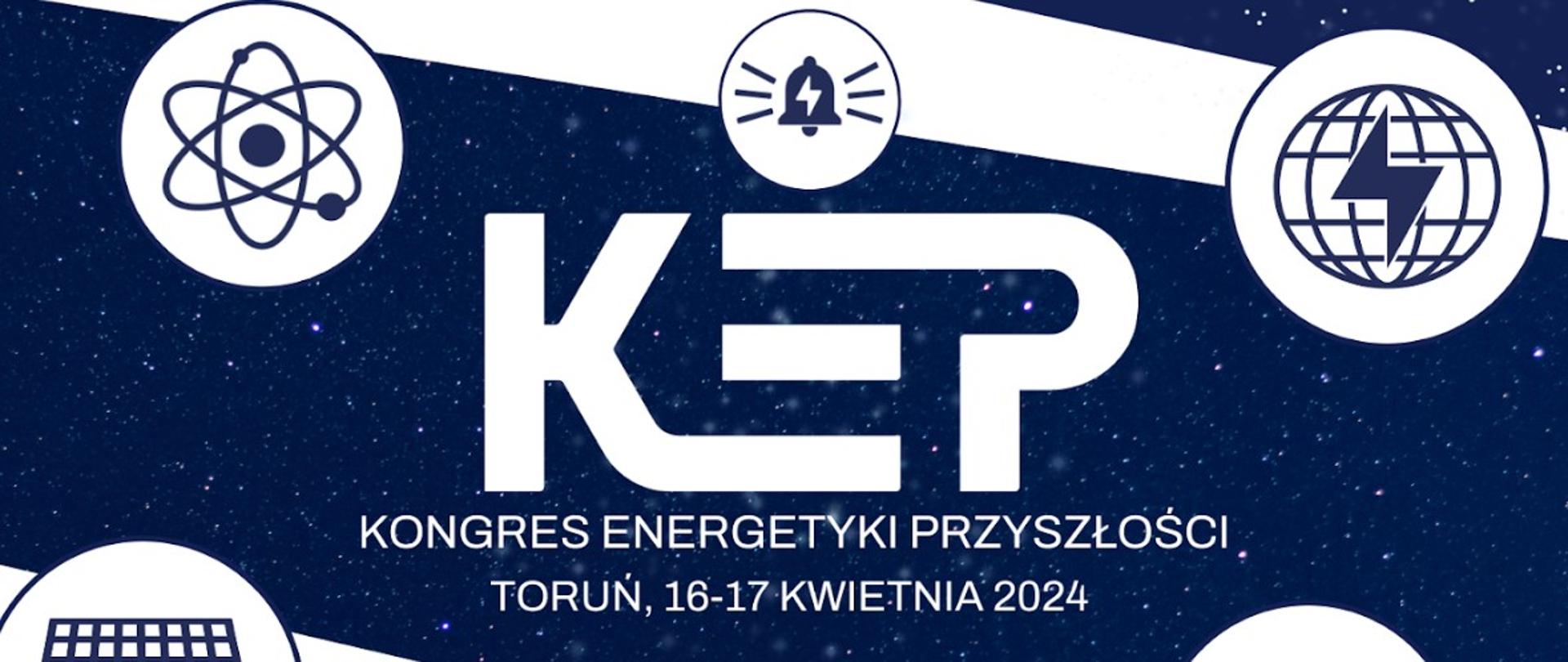 Grafika ilustracyjno-informacyjna o odbywającym się w Toruniu w dniach 16-17 kwietnia 2024 Kongresie Energetyki Przyszłości.