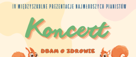 Plakat na jasno-pastelowym tle z wizerunkiem wiewiórek informujący o Koncercie "Dbam o zdrowie" w ramach IV Międzyszkolnych Prezentacjach Najmłodszych Pianistów - 11.03.2026