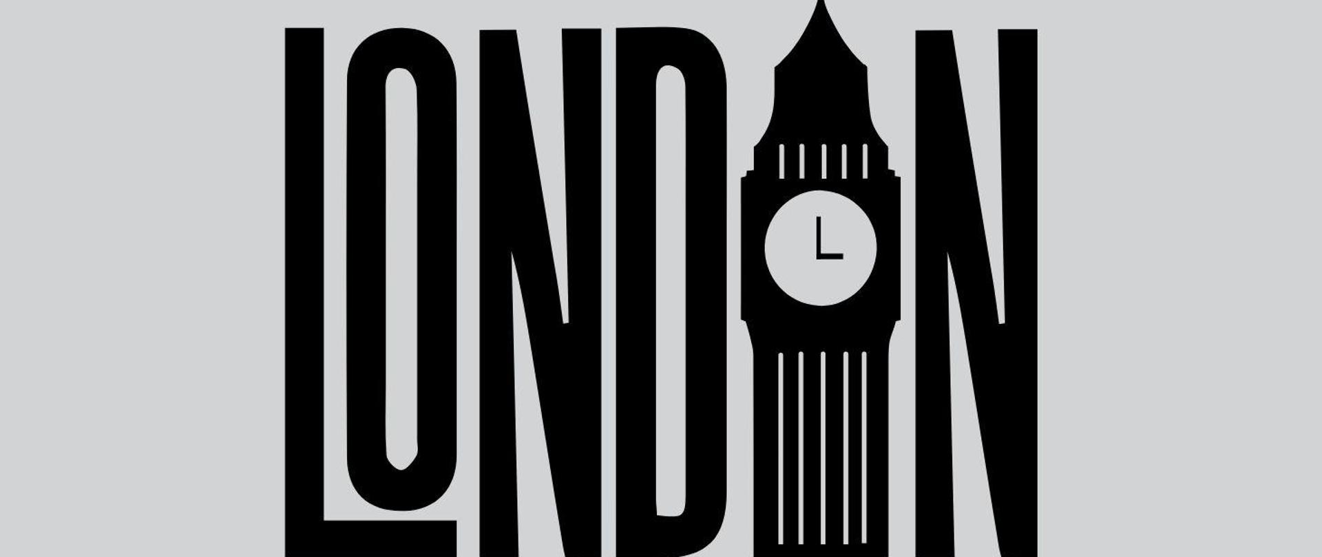 centralnie na szarym tle czarny napis london z big benem w środku