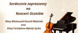 Plakat w kolorach brązu i beżu, z prawej strony grafika przedstawiająca wiolonczelę na tle fortepianu. Po lewej informacje o audycji. Audycja odbędzie się 28 maja 2026 roku o godz 16:30. 