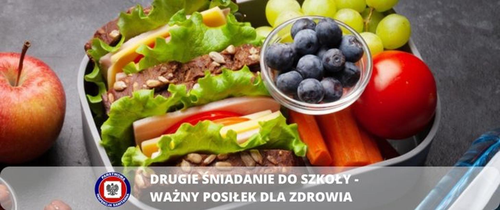 zdjęcie przedstawia pudełko wypełnione kanapkami owocami i warzywami