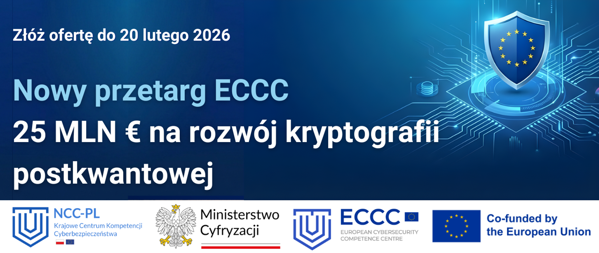 "ECCC ogłasza przetarg na rozwój kryptografii postkwantowej" na niebieskim tle; logotypy NCC-PL, Ministerstwa Cyfryzacji, ECCC oraz Co-funded by the European Union.