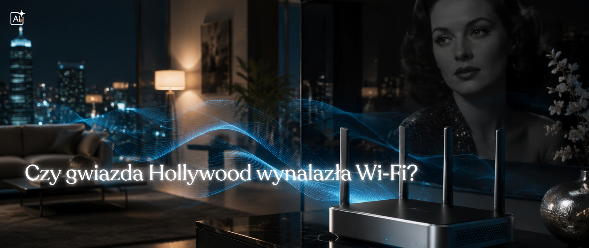 Hedy Lamarr na tle nocnego wnętrza, router Wi‑Fi i niebieskie fale sygnału. Napis: Czy gwiazda Hollywood wynalazła Wi‑Fi?