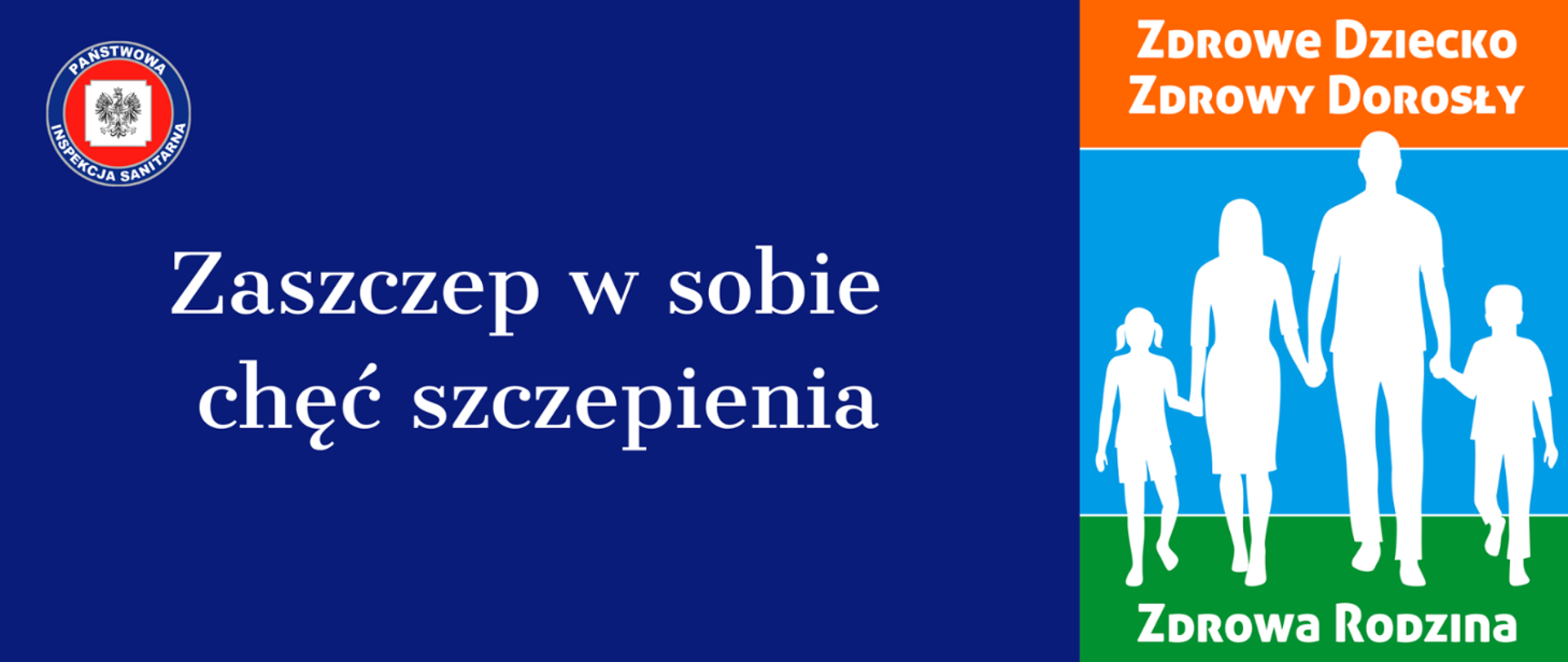 Logo kampanii społecznej Zaszczep w sobie chęć szczepienia. Grafika rodziny, kobieta, mężczyzna, chłopiec i dziewczyna trzymają dorosłych za ręce.