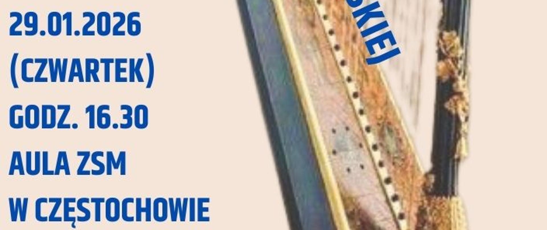 Kremowe tło, zdjęcie harfy, tekst dotyczący koncertu klasy harfy 29 stycznia 2026 r. o godz. 16.30