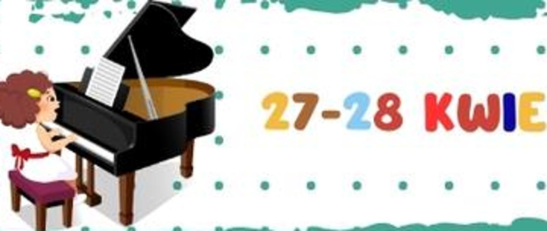 Na białym tle ozdobionym zielonymi plakami wiodczne rysunki kilku instrumentów - fortepianu, skrzypiec, trąbki, a także tańczącej dziewczynki. Podana jest także informacja o nazwie wydarzenia i jego terminie.