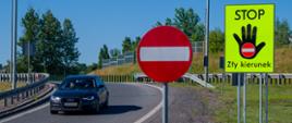S7 Ostróda Północ - Ostróda Południe, tablica STOP Zły kierunek ostrzegająca przed wjazdem pod prąd z MOP na drogę ekspresową