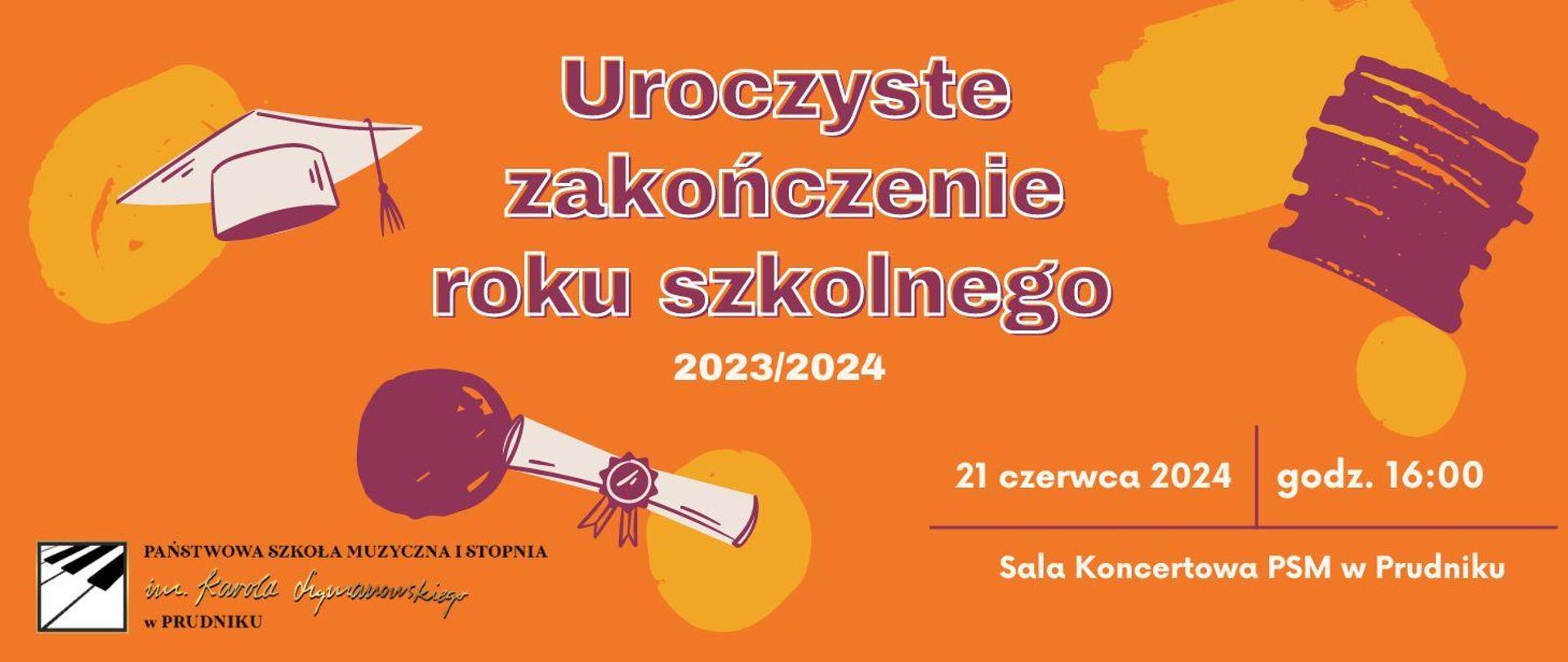 Baner z informacja o zakończeniu roku szkolnego. Na pomarańczowym tle ikonografia biretu oraz certyfikatu ukończenia szkoły.
