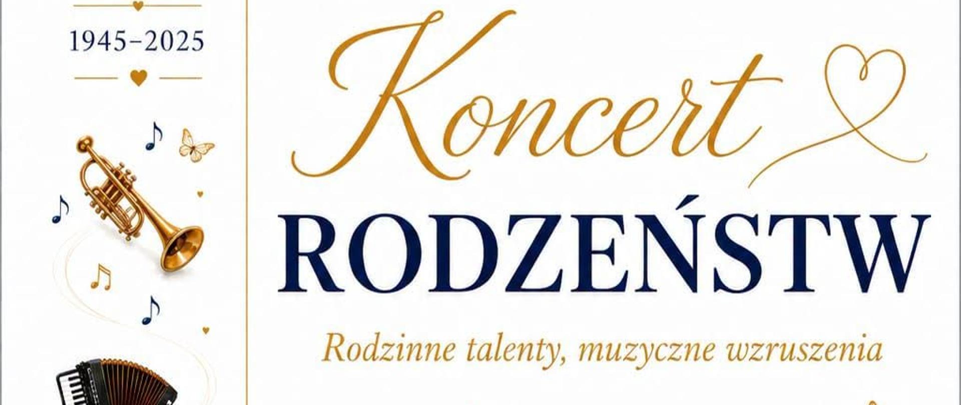 Ilustrowany plakat zapraszający na Koncert Rodzeństw pod hasłem "Rodzinne talenty, muzyczne wzruszenia", z okazji 80-lecia szkoły. Wydarzenie odbędzie się 20 czerwca 2026 r. o godzinie 11:00 w auli przy ul. Moniuszki 41. Centralna część przedstawia czworo dzieci grających razem na instrumentach (fortepian, skrzypce, flet, gitara). Z lewej strony znajduje się pionowy pasek z innymi instrumentami (trąbka, akordeon, wiolonczela, klarnet), nutami i motylami. Podane są również nazwiska prowadzących: Edyta Sługocka i Marlena Janik.