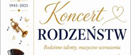 Ilustrowany plakat zapraszający na Koncert Rodzeństw pod hasłem "Rodzinne talenty, muzyczne wzruszenia", z okazji 80-lecia szkoły. Wydarzenie odbędzie się 20 czerwca 2026 r. o godzinie 11:00 w auli przy ul. Moniuszki 41. Centralna część przedstawia czworo dzieci grających razem na instrumentach (fortepian, skrzypce, flet, gitara). Z lewej strony znajduje się pionowy pasek z innymi instrumentami (trąbka, akordeon, wiolonczela, klarnet), nutami i motylami. Podane są również nazwiska prowadzących: Edyta Sługocka i Marlena Janik.