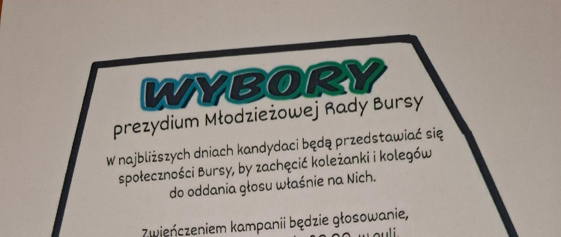 Plakat informujący o wyborach do Młodzieżowej Rady Bursy 16.10.2025 o godzinie 20 w auli. Na dole rysunek młodzieży.