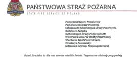 logo Państwowej Straży pozarnej obok napis Państwowa Straż Pożarna i State Fire Service of Poland
poniżej tekst:
Funkcjonariusze i Pracownicy Państwowej Straży Pożarnej,
Członkowie Ochotniczych Straży Pożarnych, Działacze Związku
Ochotniczych Straży Pożarnych RP, Weterani i Seniorzy Służby Pożarniczej, Słuchacze Szkól Pożarniczych,
Strażacy i Pracownicy
Jednostek Ochrony Przeciwpożarowej
Dzień Strażaka to dla nas zawsze wielkie święto. Tegoroczne obchody przypadają w roku jubileuszu 30-lecia powołania Państwowej Straży Pożarnej jako formacji mundurowej, gotowej do prowadzenia działań ratowniczych w czasie pożarów, klęsk żywiołowych oraz likwidacji miejscowych zagrożeń. To szczególna okazja, aby na ręce wszystkich Państwa zaangażowanych w ochronę przeciwpożarową, ratownictwo, ochronę ludności i obronę cywilną skierować serdeczne życzenia wytrwałości w tej niełatwej i jakże wymagającej służbie. Jednocześnie pragniemy podziękować za stalą gotowość do wszelkich wyzwań, jakie stawia przed nami życie.
Szczególnie intensywne były dla nas minione dwa lata. Liczba interwencji wzrosła o sto tysięcy i obecnie waha się w okolicach niemal sześciuset tysięcy rocznie. Podejmujemy głównie działania ratownicze i to w coraz szerszym zakresie. Wcześniej koronawirus, a w tym roku pomoc związana z agresją Rosji na Ukrainę pokazały, jak wszechstronną i uniwersalną służbą ratowniczą jesteśmy. Każdy kolejny roku przynosi nowe zadania, z którymi przychodzi nam się mierzyć. Mimo to stajemy na wysokości zadania i jesteśmy wszędzie tam, gdzie jesteśmy potrzebni. W tym miejscu składamy podziękowania wszystkim, którzy angażują się w te działania, podejmują trud, poświęcają się dla dobra drugiego człowieka.
Minione trzy dekady sprzyjają refleksji, skłaniają do podsumowań i pozwalają po raz kolejny docenić dorobek naszych poprzedników. Jest to solidny fundament dla dalszego rozwoju we wszystkich obszarach bezpieczeństwa. W tym miejscu szczególne podziękowania należą się właśnie naszym poprzednikom, którzy angażowali się w rozwój formacji. Co należy podkreślić, jubileusz ten zbiega się z uchwaleniem ustawy o Ochotniczych Strażach Pożarnych. Musimy pamiętać, że dopiero połączenie dwóch potencjałów ratowniczych - zawodowego i ochotniczego - tworzy trwałą podstawę naszego systemu bezpieczeństwa.
W dniu tego wspaniałego święta pragniemy życzyć wszelkiej pomyślności w wypełnianiu obowiązków zawodowych oraz w życiu osobistym. Niech nasz patron święty
Florian wspomaga w codziennych zobowiązaniach i dodaje sil w realizowaniu niełatwej służby na rzecz bliźnich, którzy zostali doświadczeni przez los.
signotariusze:
Zastępca Komendata Głównego Państwowej Straży Pożarnej nadbryg. Arkadiusz Przybyła
Zastępca Komendata Głównego Państwowej Straży Pożarnej nadbryg. Adam Konieczny
Zastępca Komendata Głównego Państwowej Straży Pożarnej nadbryg. Krzysztof Hejduk
Komendat Główny Państwowej Straży Pożarnej nadbryg. Andrzej Bartkowiak

