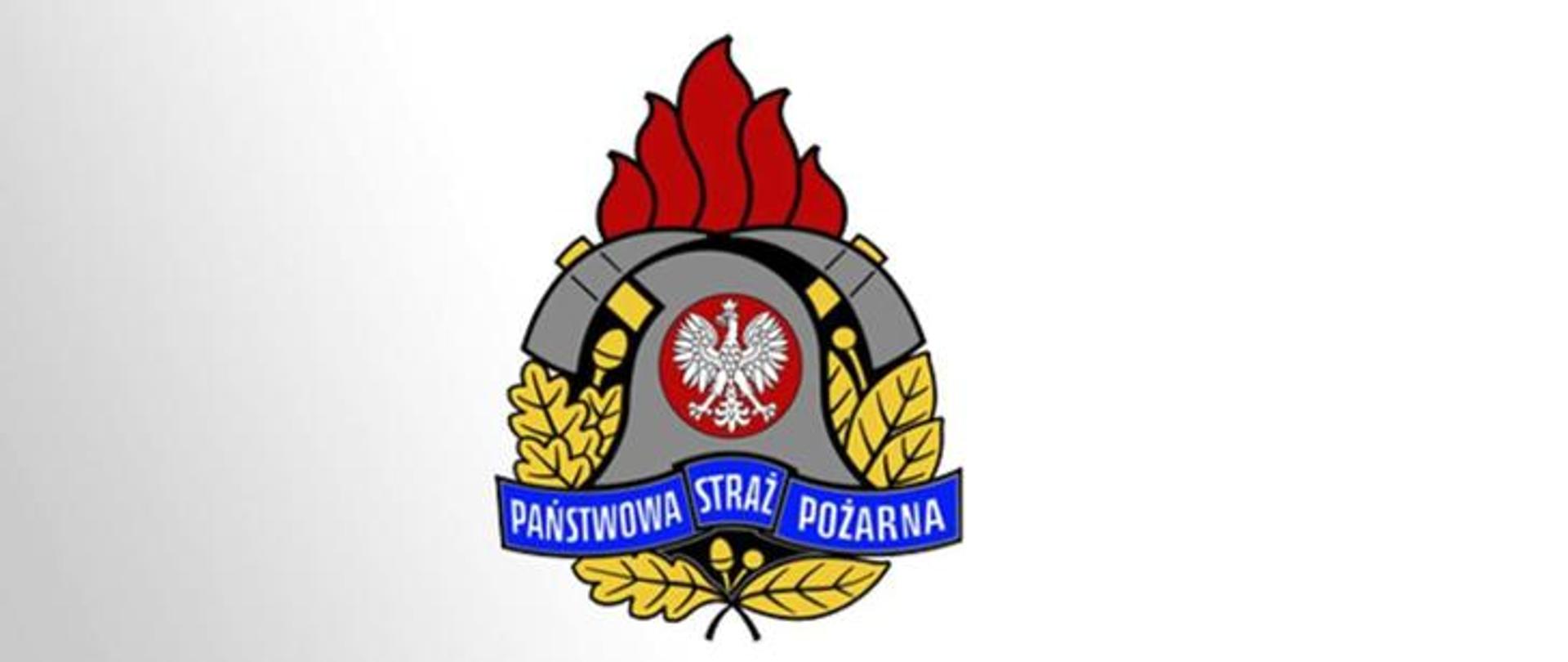 logo - hełm strażacki z orłem białym, toporkami strażackimi i ognikami oraz napis Państwowa Straż Pożarna