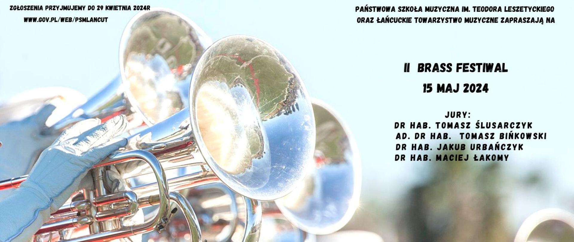 Plakat na II Brass Festiwal w Łańcucie - przedstawia trąbki i info o konkursie 15 maja 2024