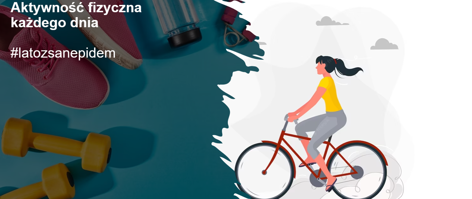 grafika przedstawia różnego rodzaju aktywności fizyczne: rower, hantle, buty do biegania
