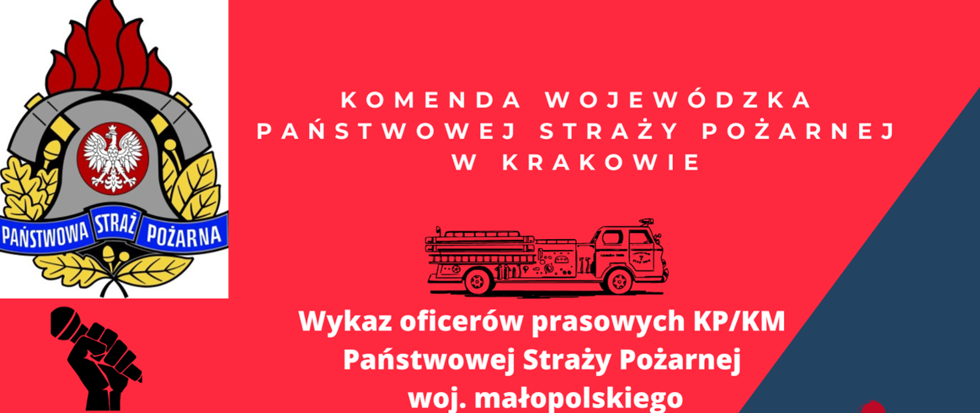Na zdjęciu logo psp oraz napis Wykaz oficerów prasowych KP/KM Państwowej Straży Pożarnej woj. małopolskiego