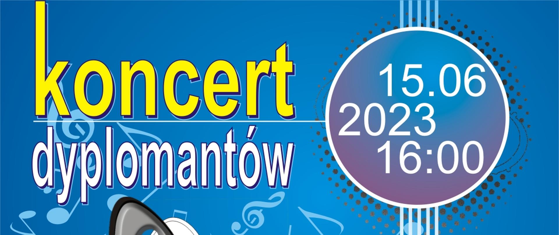 Plakat przedstawia klucz wiolinowy na tle klawiatury fortepianu. Przez klucz przeplatają się elementy instrumentów: fletu, akordeonu, trąbki, skrzypiec i klarnetu. W górze napis ,,Koncert Dyplomantów". Obok w kuli data i godzina koncertu. W tle znaki notacji muzycznej. Na dole wypisani są wszyscy wykonawcy koncertu. Plakat jest w kolorach: niebieskim, żółtym, białym i czarnym. 