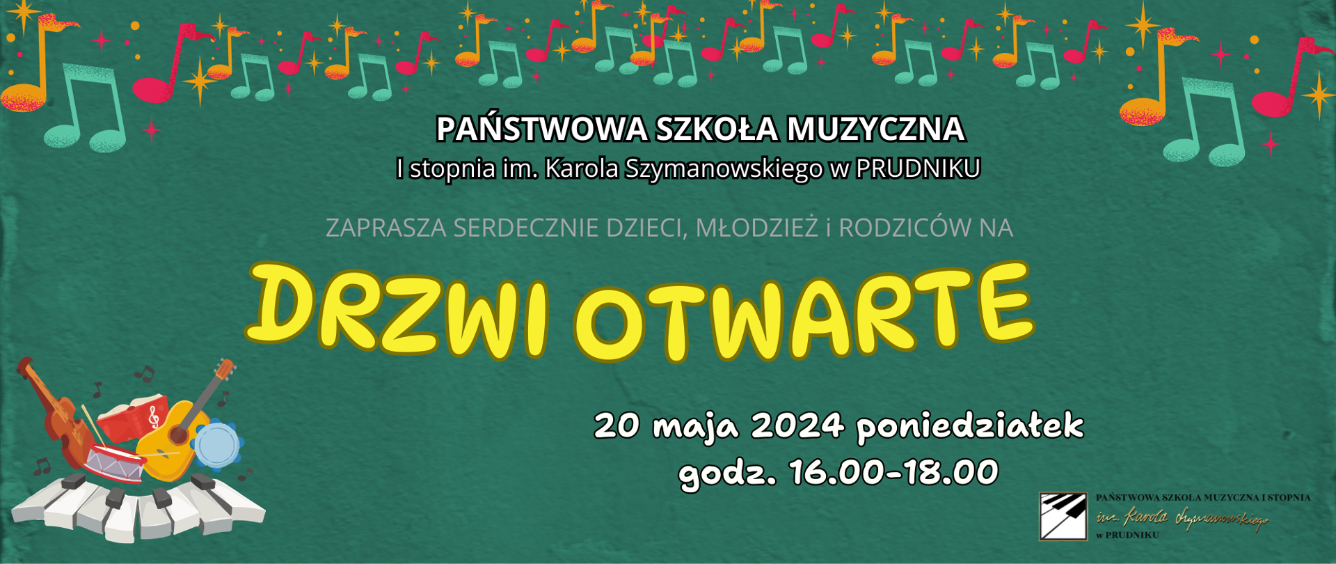 Baner z informacja o wydarzeniu "Drzwi otwarte". W lewym dolnym rogu grafika przedstawiająca różne instrumenty.
