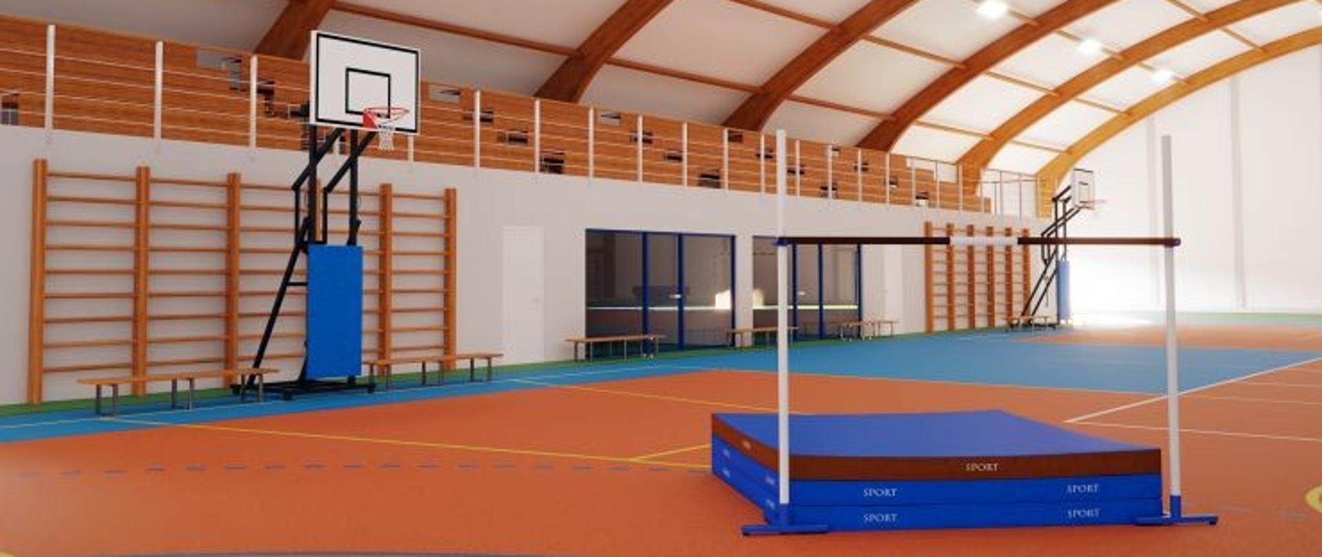 hala sportowa, materace, kosz, drabinki do ćwiczeń