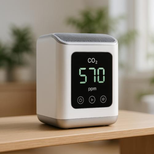 W pokoju na szafce stoi czujnik CO2.