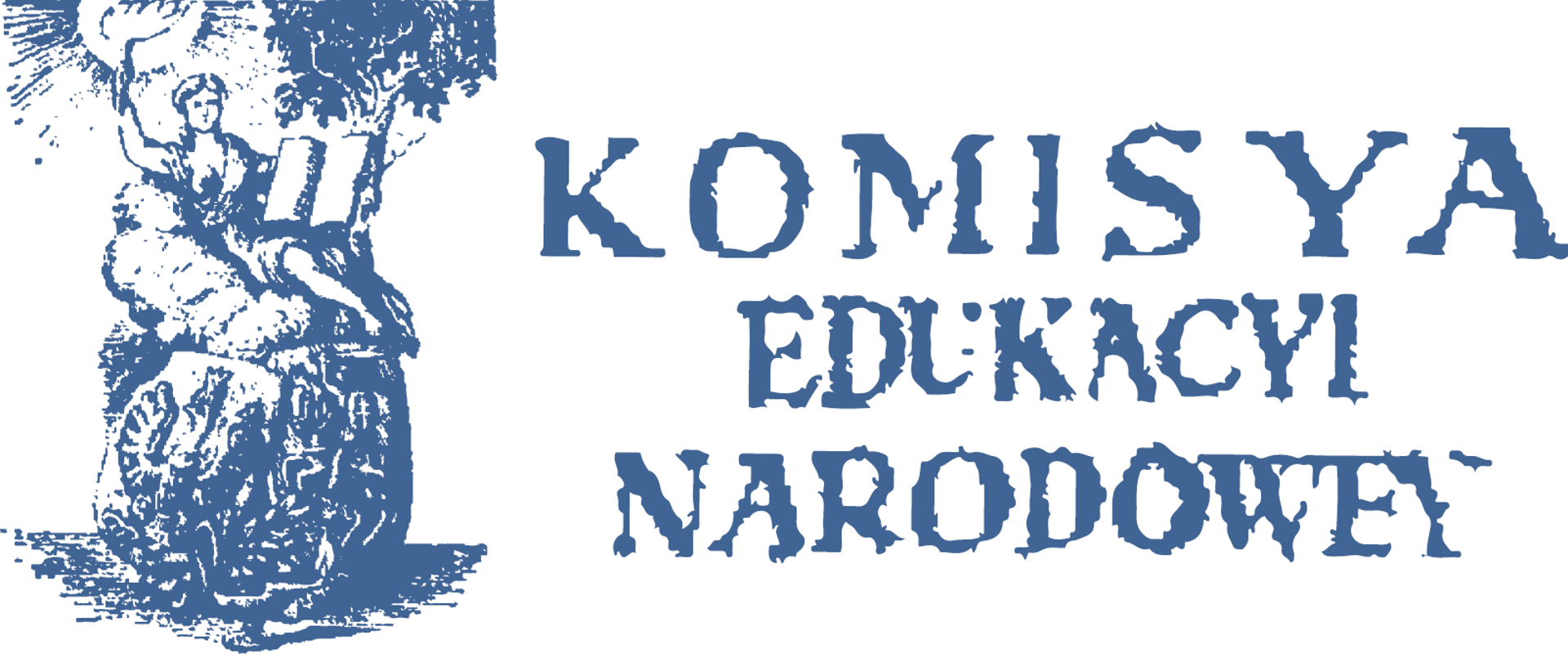 Niebieski duży napis KOMISYA EDUKACYI NARODOWEY oraz stylizowany skan ze starego dokumentu z ilustracją siedzącej kobiety z książką i świecą