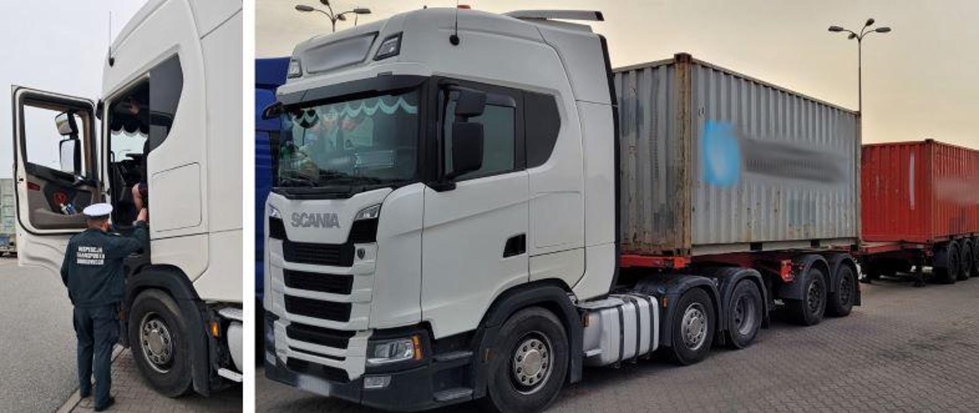 Widok zatrzymanego do kontroli pojazdu przewożącego kontenery morskie