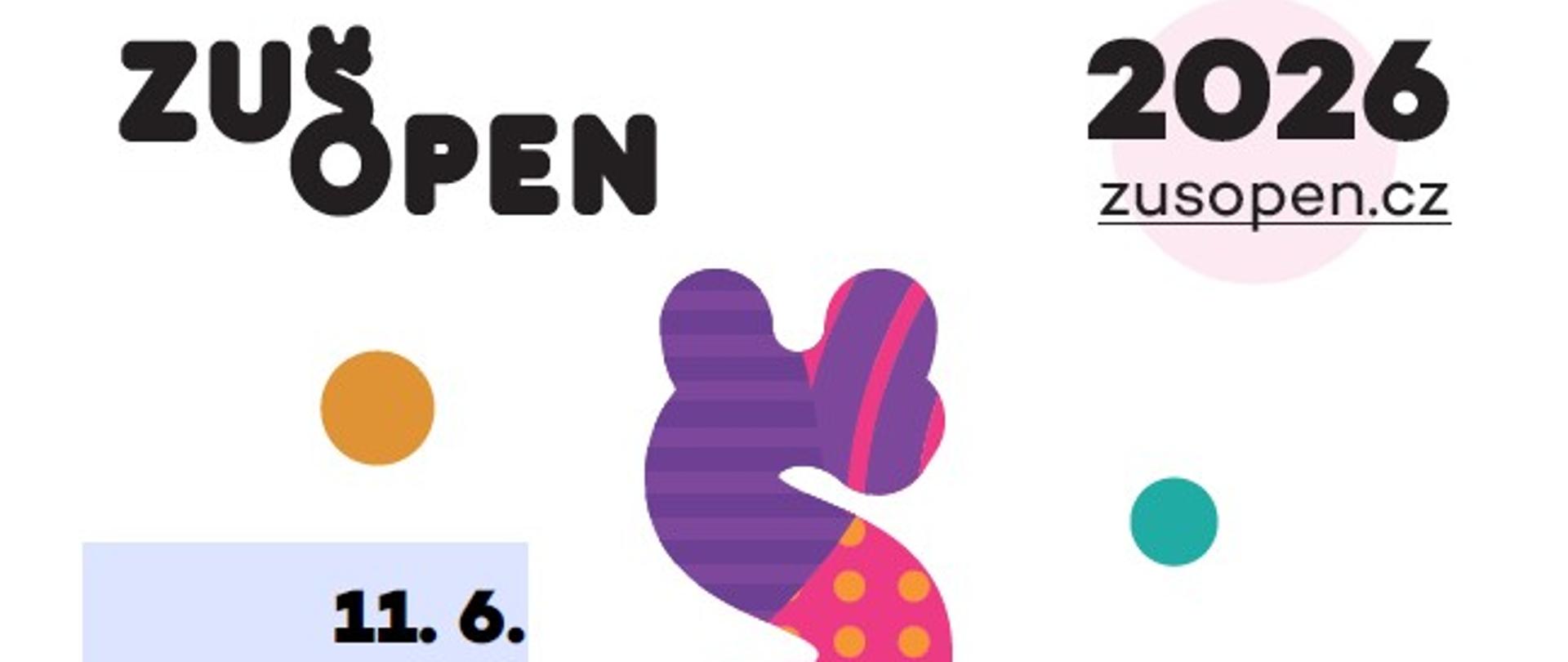 Plakat biały symetrycznie rozmieszczone napisy w języku czeskim na samym dole logo szkoły sponsorów u góry w lewym rogu ZUS Open w prawym 2026 ZUS open.cz 4 kolorowe kropki centralnie logo imprezy przedstawiające kolorowe koło z wystającym w górnym kierunku kolorowym elementem na kształt przypominającym konika morskiego 11 czerwca 2026 10 lat na danego stypendium 10 rocznica festiwalu Szkół Muzycznych artystycznej pierwszego stopnia w Czechach zakladnił Mielecka szkoła franca Schuberta z latte chory przedstawienia i koncerty na Placu na Messi od 14:00 do 17:00 wystąpiliśmy szkoły w tym szkoła muzyczna w Głuchołazach
