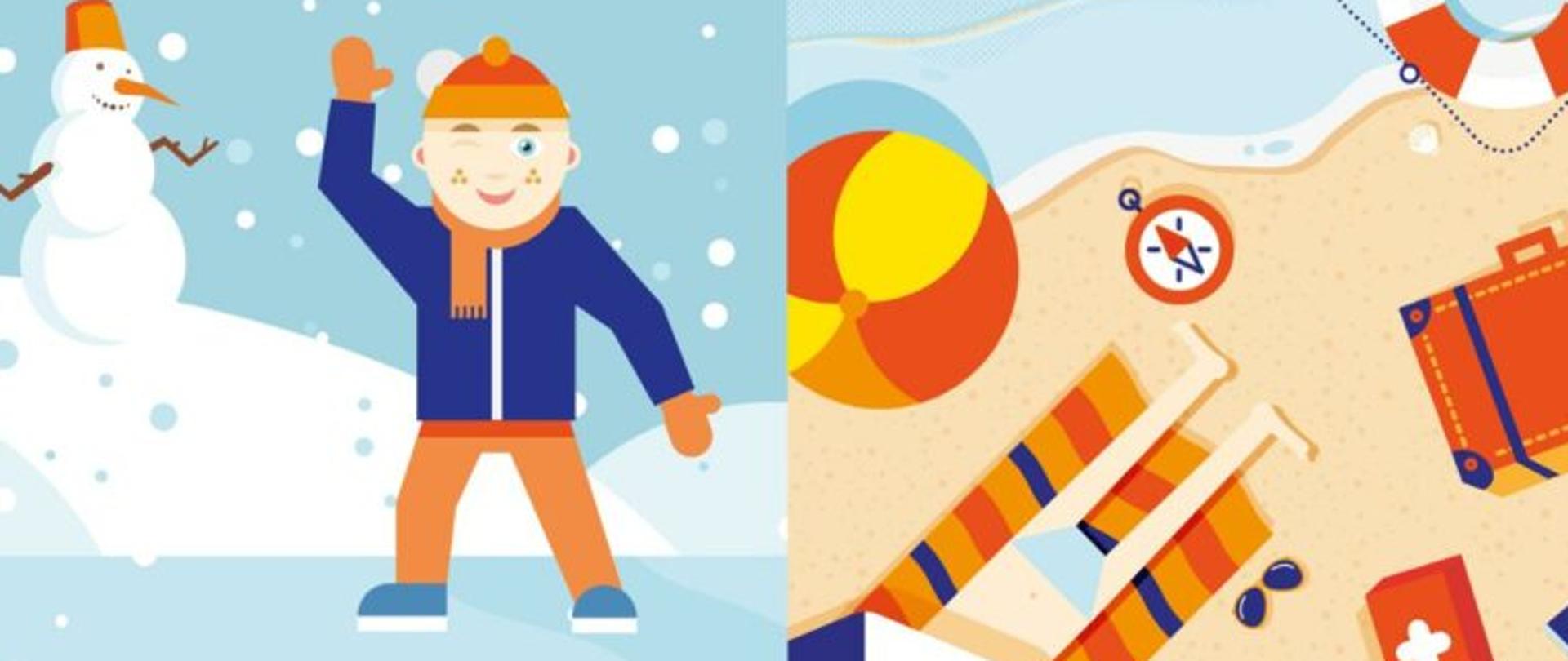 chłopiec bawiący się zimą i chłopiec leżący na plaży