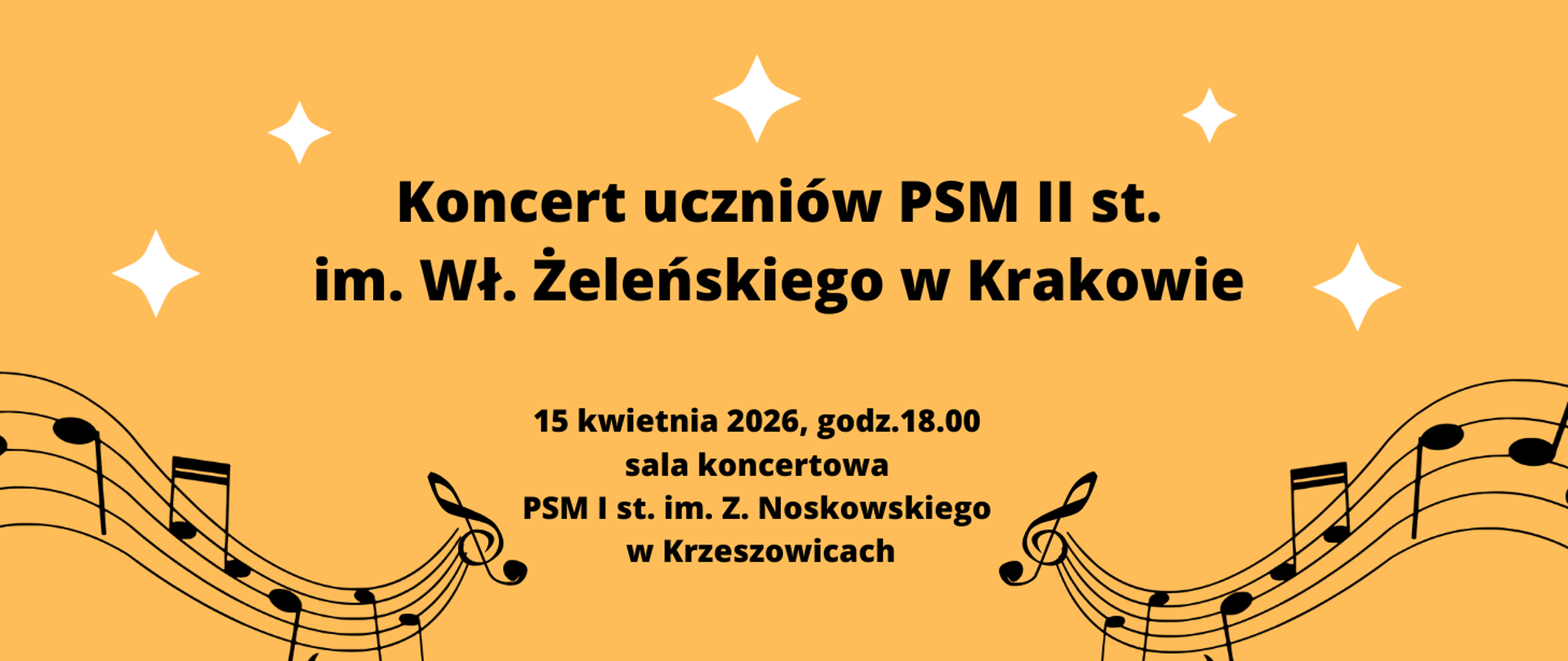 na żółtym tle po prawej i lewej stronie czarne pięciolinie i nutki na środku czarne napisy