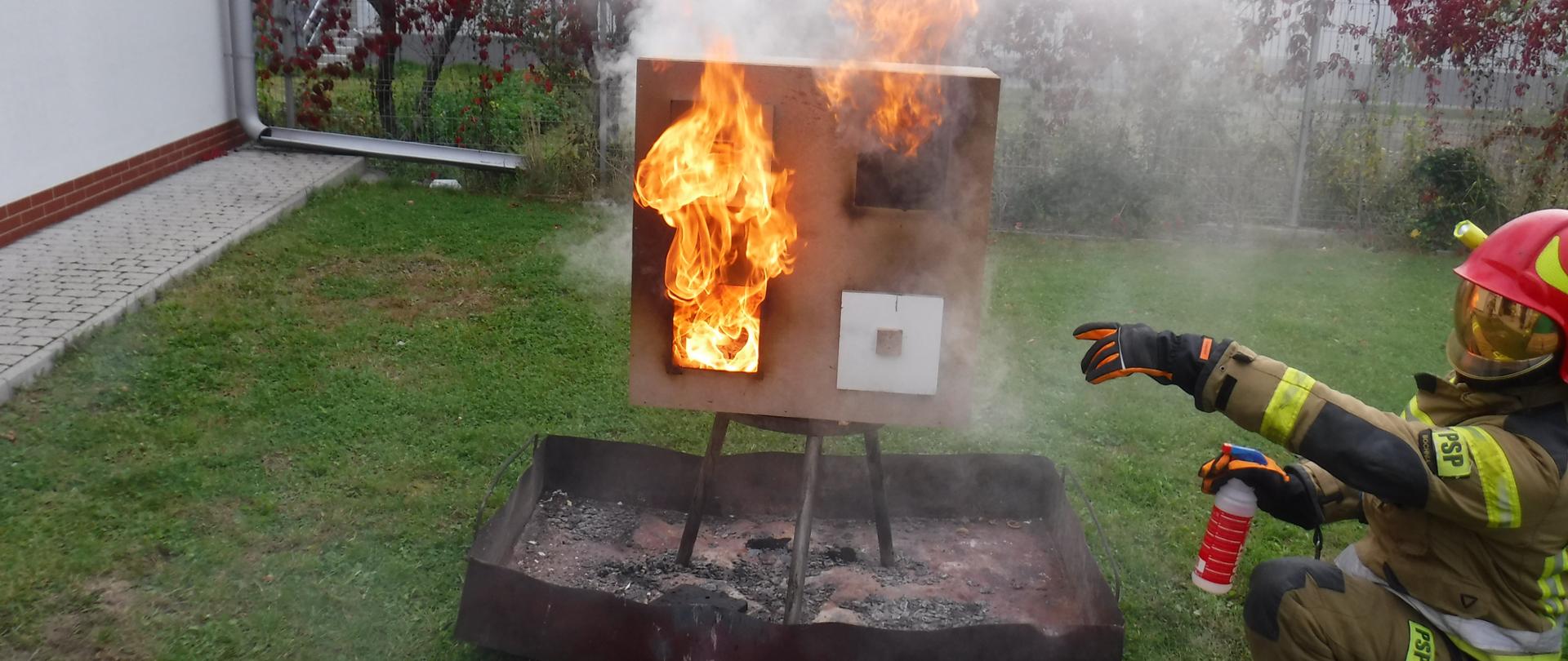 Na zdjęciu widać strażaka w trakcie ćwiczeń związanych z tematyką pożarów budynków mieszkalnych. Jest pora dzienna. Jeden ze strażaków ma założone ubranie specjalne- spodnie i kurtkę, chroniące go m. in. przed działaniem wysokiej temperatury oraz czerwony hełm strażacki na głowie. Lewa dłonią pokazuje na palący się domek drewniany z którego otworów wychodzi płomień i widać dym. Domek ustawiony jest na platformie aby pozostali strażacy, których częściowo widać na zdjęciu mogli swobodnie obserwować zachodzące procesy mogące wystąpić podczas pożaru domu. Ćwiczenia odbywają się w plenerze na trawie. W dalszej części zdjęcia widać drzewa i krzewy.