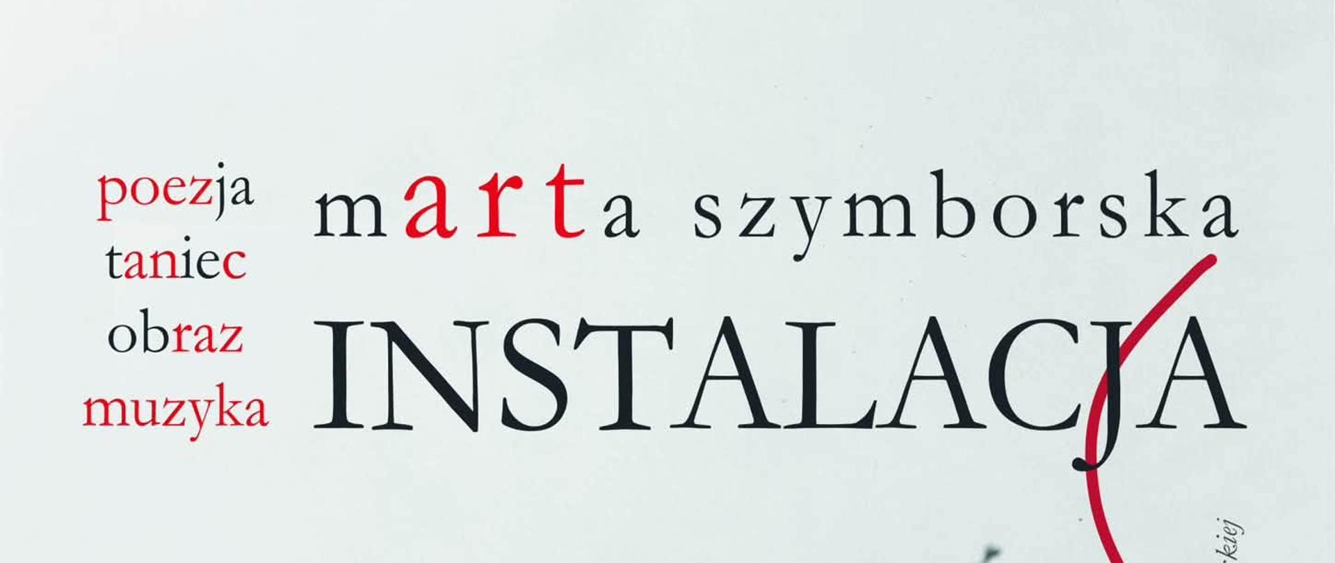 Okładka instalacji Magdy Szymborskiej na szarym tle, z rozmytymi formami w ciemnej kolorystyce i czerwoną, zakręconą linią przebiegającą przez całą kompozycję.