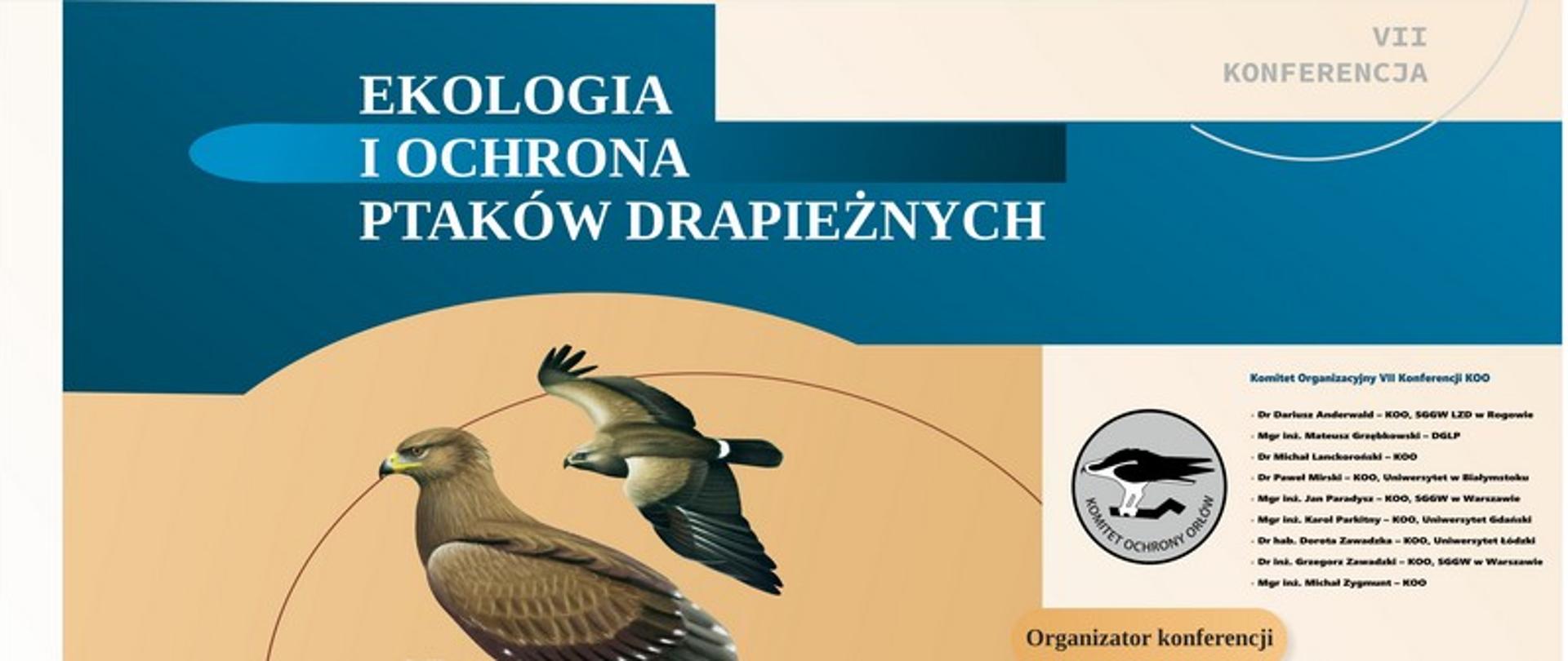 plakat, u góry z lewej strony na niebieskim tle napis ekologia i ochrona ptaków drapieżnych, z prawej VII konferencja
poniżej na zdjęciu dwa ptaki, jeden stojący, drugi w locie. podpis orlik krzykliwy. Z prawej strony drobnym logo i informacje o konferencji 