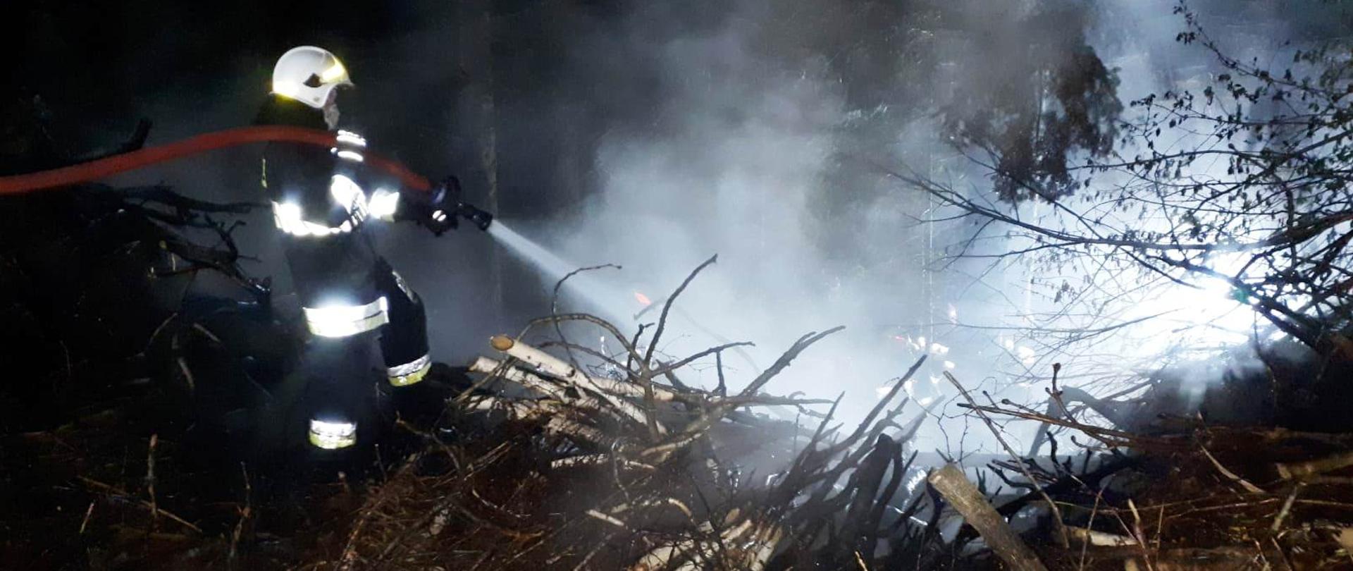 Strażak podaje prąd wody na stertę gałęzi.