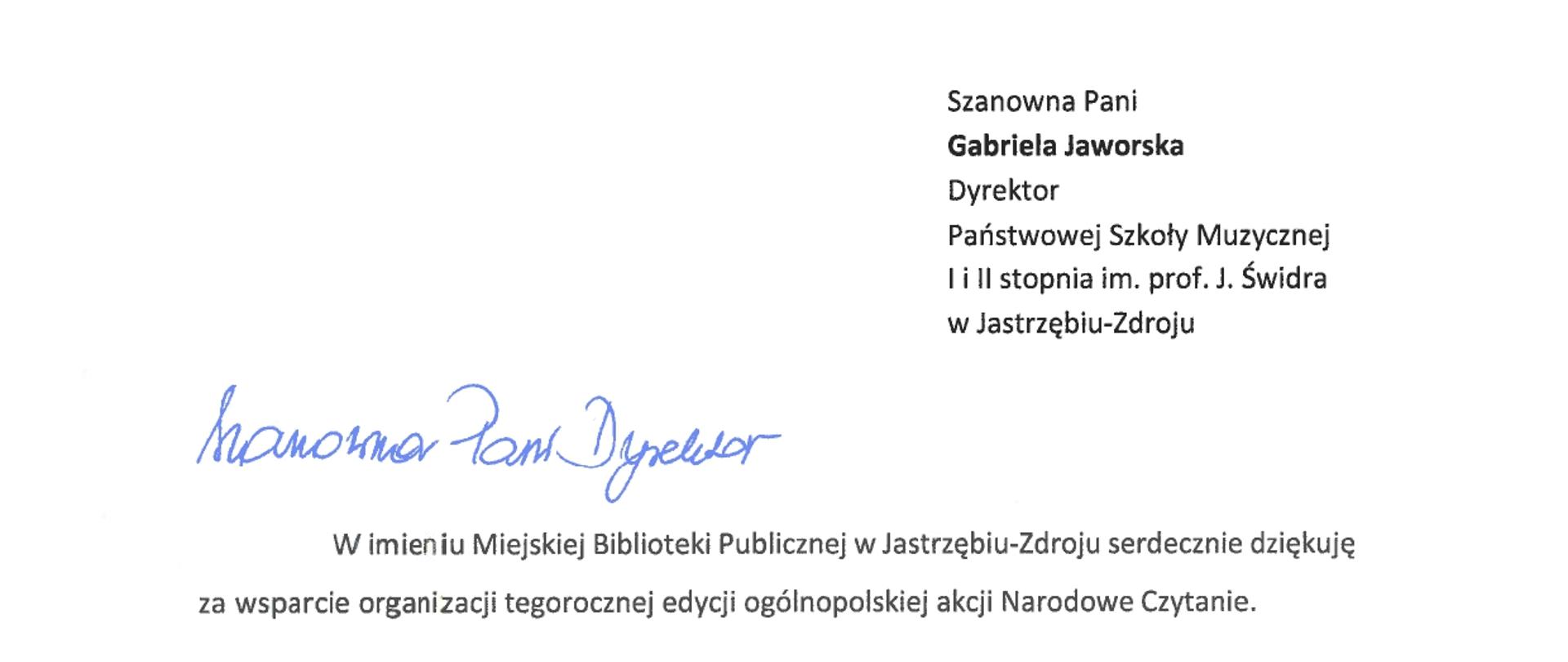 List z podziękowaniami za wsparcie organizacji tegorocznej edycji Ogólnopolskiej akcji Narodowe Czytanie przekazany przez Panią Dyrektor Marzenę Kutę z Miejskiej biblioteki Publicznej.