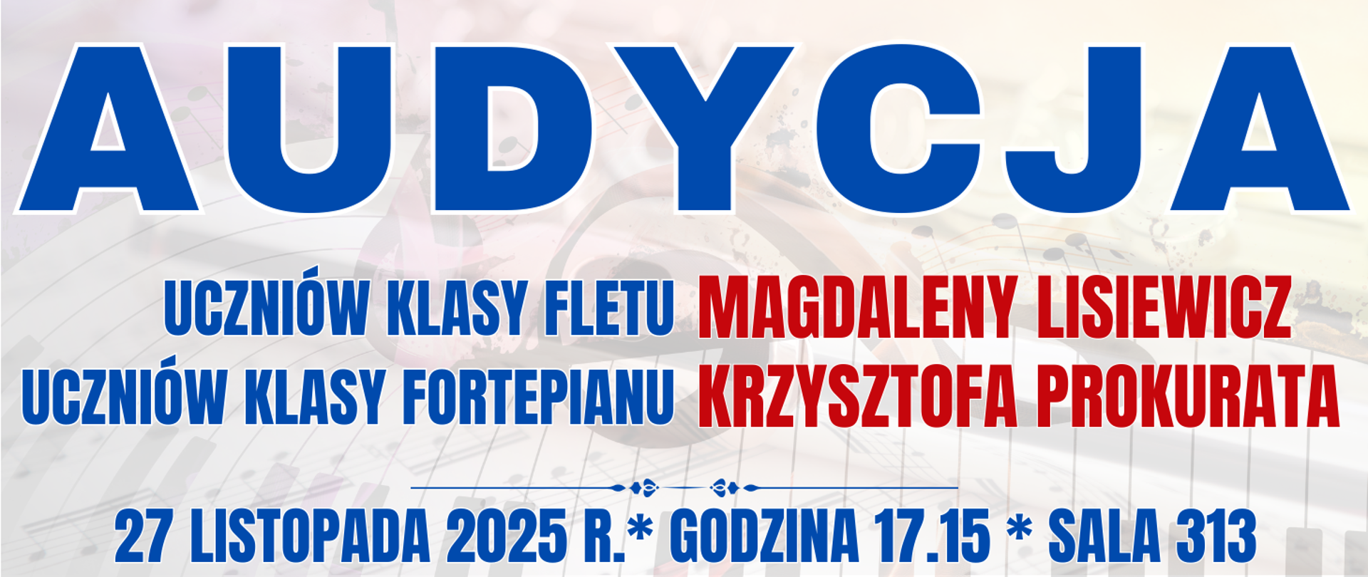 kolorowy baner w tle klawiatura fortepianu i leżącym na niej flecie poprzecznym oraz informacja o wydarzeniu