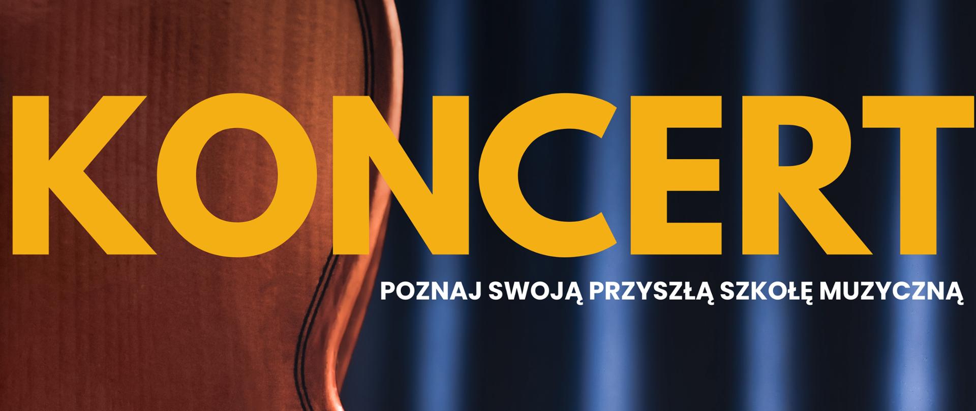 Plakat koncertu szkoły muzycznej. Po lewej stronie widoczny zbliżony fragment skrzypiec na tle ciemnoniebieskiej kurtyny. Duży żółty napis „KONCERT”. Informacja: wystąpią uczniowie i nauczyciele Szkoły Muzycznej II stopnia im. Fryderyka Chopina w Gdańsku-Wrzeszczu. Data i godzina: 14 kwietnia 2026 (wtorek), 17:00. Po koncercie zaplanowano spotkanie z nauczycielami i uczniami, informacje o rekrutacji oraz odpowiedzi na pytania kandydatów. Na dole logo Zespołu Szkół Muzycznych i kod QR.