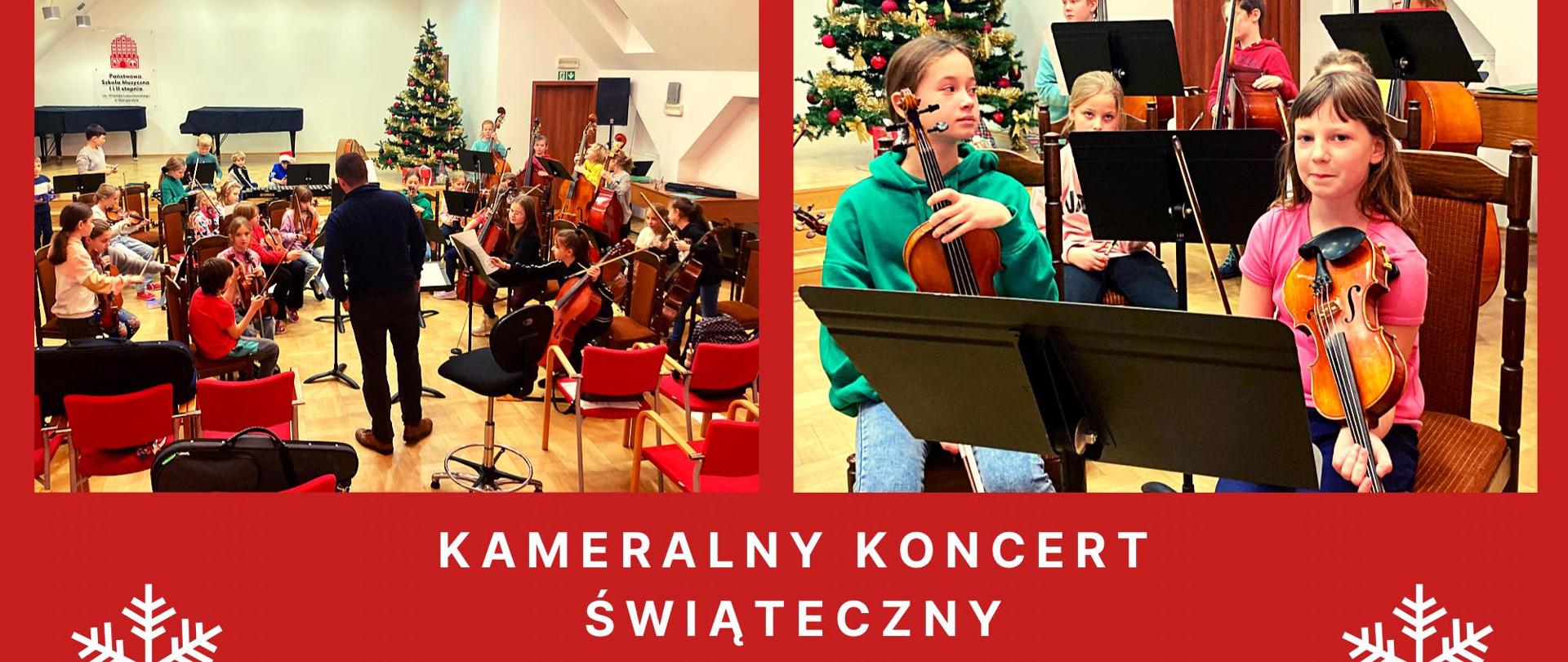 Zdjęcie przedstawia informację o koncercie, w tle kolaż zdjęć z próby małej orkiestry szkolnej.