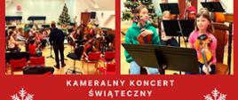 Zdjęcie przedstawia informację o koncercie, w tle kolaż zdjęć z próby małej orkiestry szkolnej.