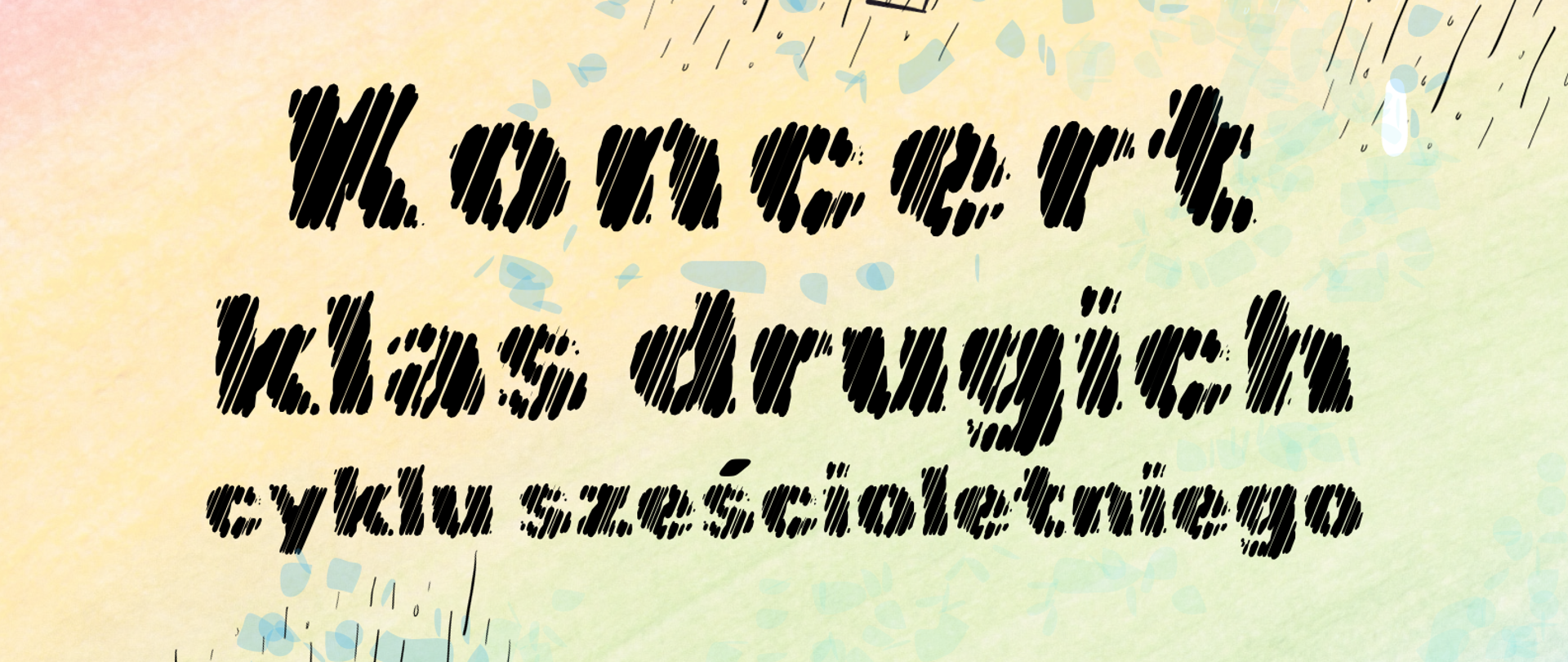 Zawartość jak w treści. Czcionka czarna na jasno-kolorowym tle. W góry strony po lewej rysunek słońca oraz na całej szerokości rysunki nutek. W dolnej połowie po lewej kolorowy parasol, pod którym znajdują się instrumenty, po prawej skrzypce z parasolem.