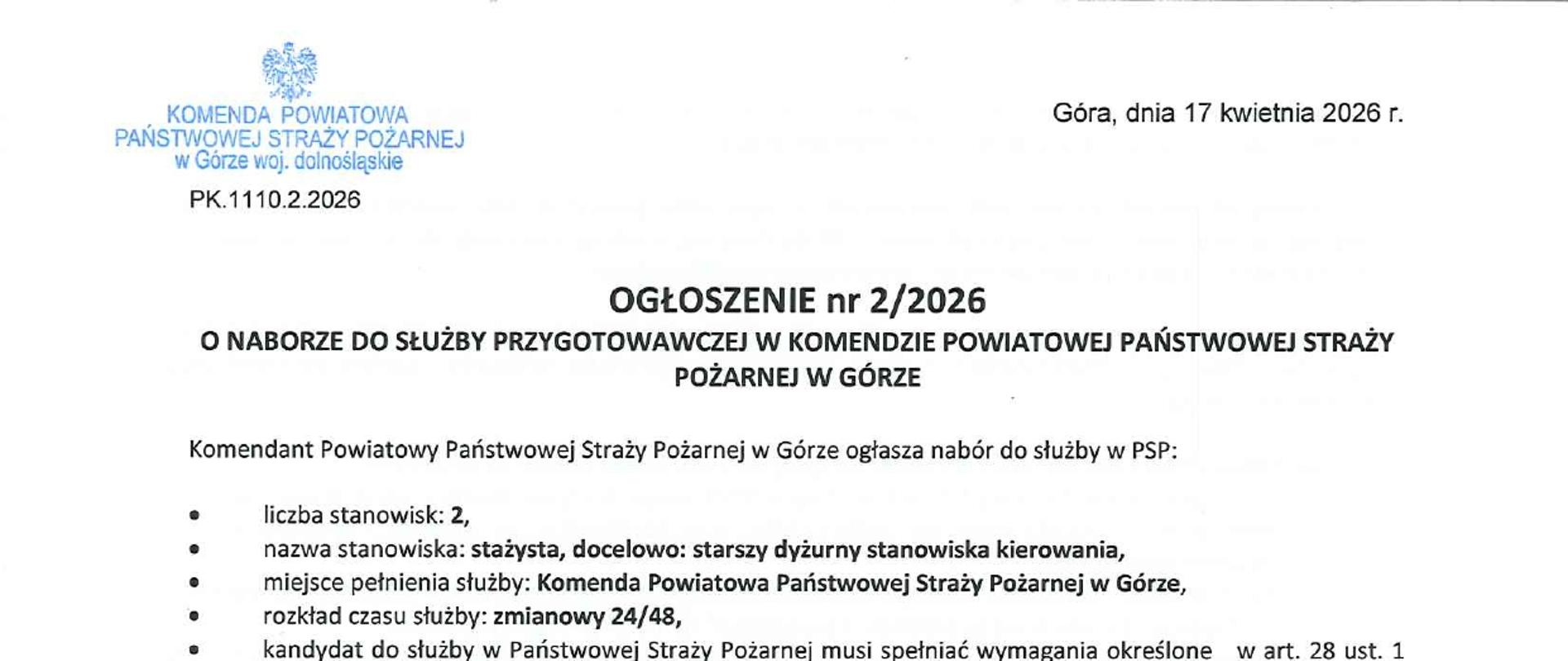 Ogłoszenie nabór do służby przygotowawczej nr 2