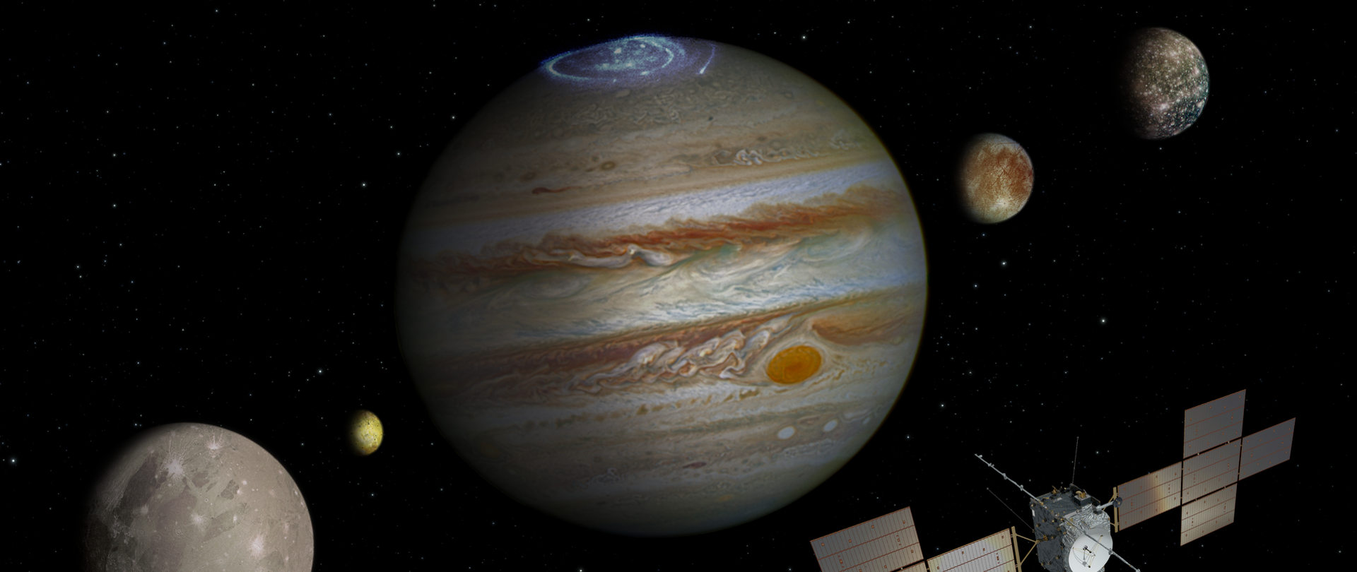 Zdjęcie Jowisza wokół niego satelita i mniejsze planety 