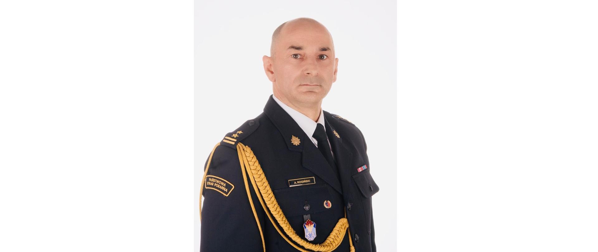Portret funkcjonariusza Państwowej Straży Pożarnej w mundurze galowym na jasnym tle