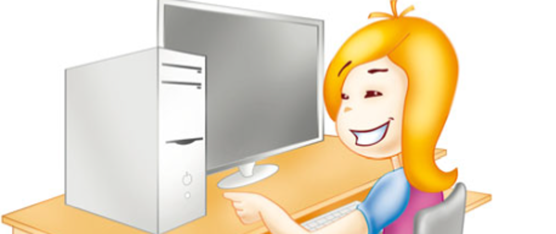 Rysunek kobiety siedzącej za biurkiem przed komputerem.