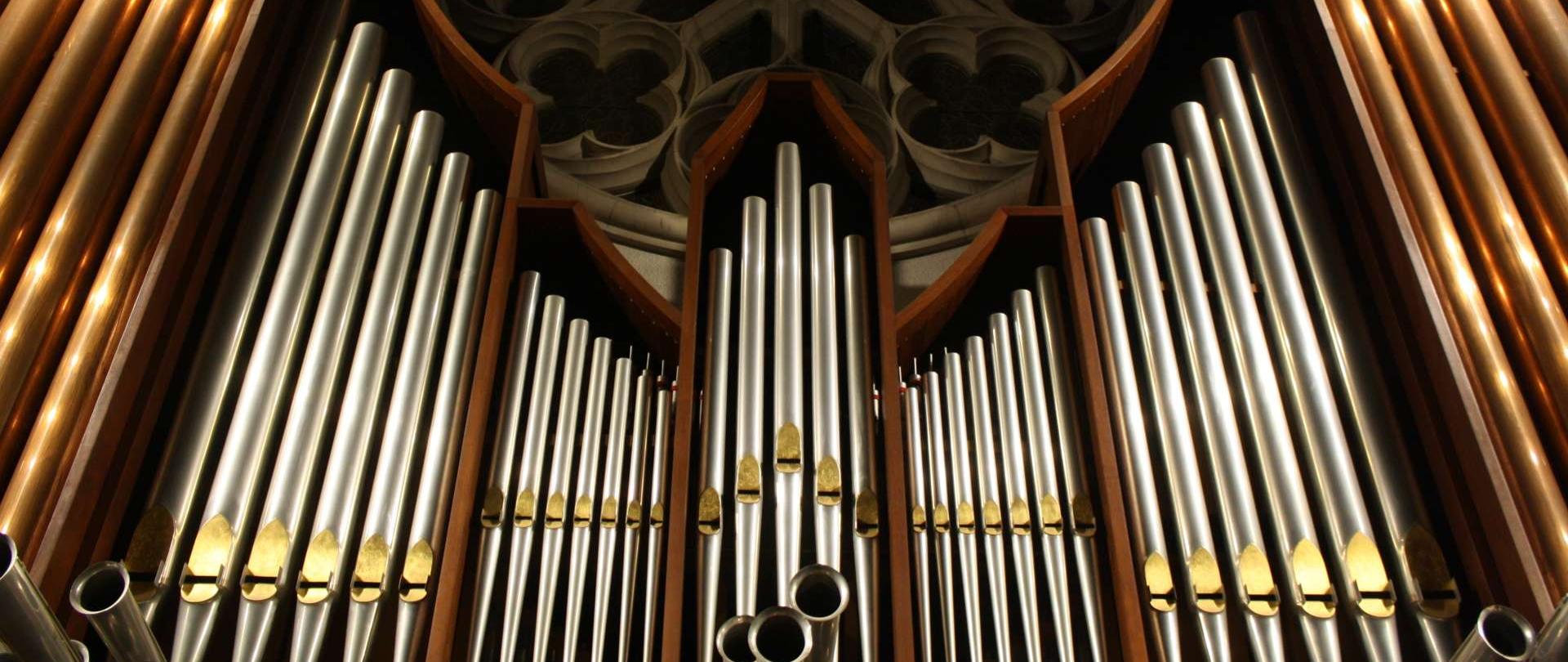 fotografia przedstawia organy ze złotymi i srebrnymi piszczałkami