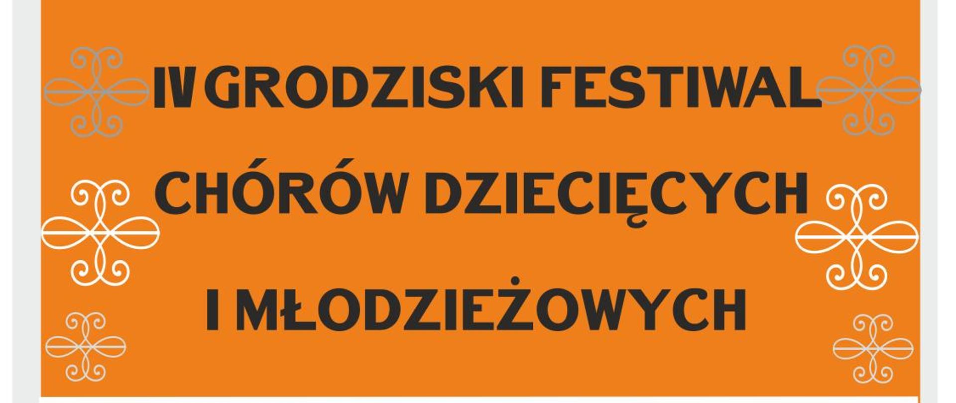 Plakat na szarym tle poniżej napisy czarną czcionką Burmistrz Grodziska Mazowieckiego Grzegorz Benedykciński wraz z radą miejską i centrum kultury zapraszają na 4 grodziski festiwal chórów dziecięcych i młodzieżowych. Koncert 14 kwietnia godzina 17:30 sala widowiskowa centrum kultury ul Spółdzielcza 9 Grodzisk Mazowiecki wstęp wolny poniżej loga sponsorów i organizatora.