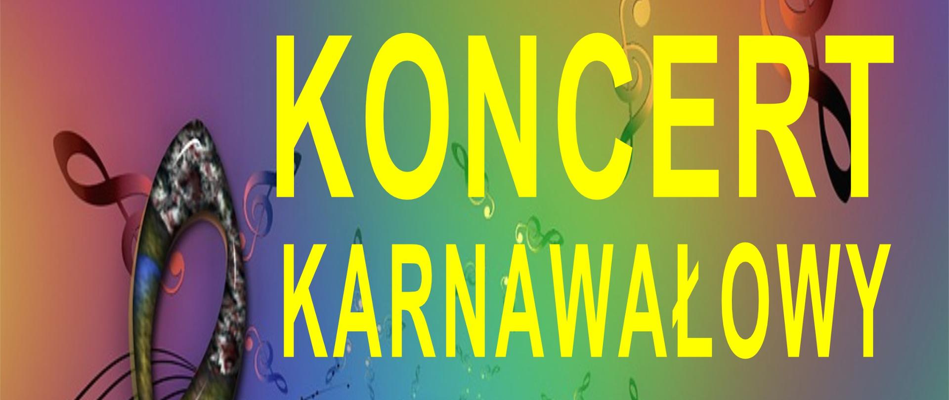 Grafika na wielokolorowym tle z widocznymi elementami kluczy muzycznych i pięciolinii. Od góry drukowanymi literami w kolorze żółtym zamieszczona jest treść: „Koncert karnawałowy uczniów Zespołu Państwowych Szkół Muzycznych w Bochni, wykonawcy: zespół wokalny, chóry, orkiestry smyczkowe, orkiestry dęte”. W części dolnej drukowanymi literami w kolorze żółtym: „Sala koncertowa 7 lutego 2024 godz. 17:30”.
