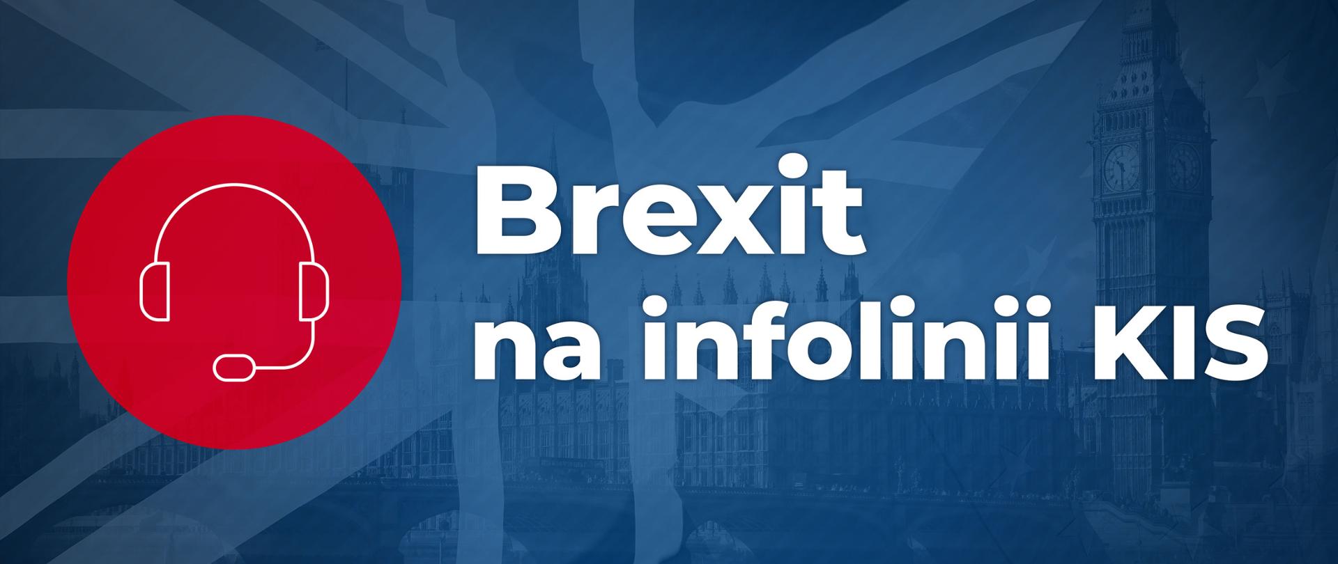 Grafika z napisem Brexit na infolinii KIS. Ikona słuchawek z mikrofonem.