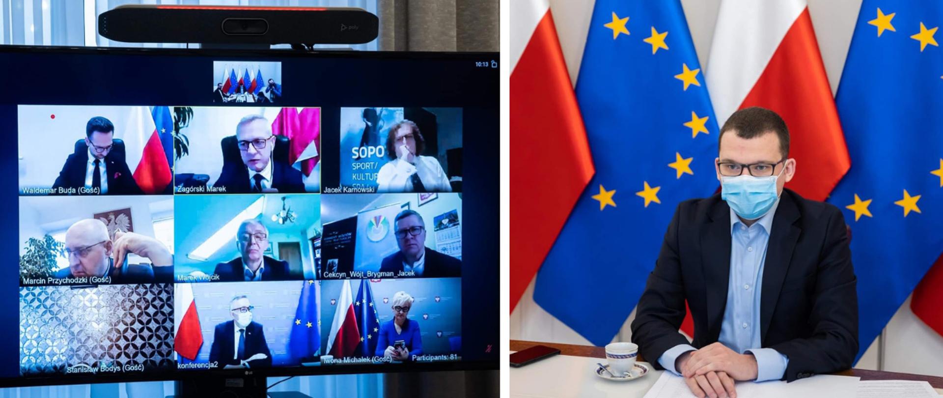 Kolaż złożony z dwóch zdjęć - po lewej stronie widoczny ekran przedstawiający uczestników posiedzenia Komisji Wspólnej Rządu i Samorządu Terytorialnego, po prawej stronie wiceminister Paweł Szefernaker siedzący przy stole na tle flag Polski i Unii Europejskiej.