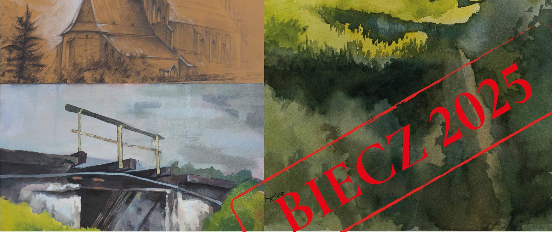 Grafika przedstawia plakat promujący wystawę poplenerową prac uczniów Wiśnickiego Plastyka.
Oto szczegółowy opis tego, co na nim widać:
Główna treść plakatu
Tytuł:
„Wystawa poplenerowa prac uczniów Wiśnickiego Plastyka”
Plakat informuje o ekspozycji prac wykonanych podczas pleneru artystycznego przez uczniów szkoły plastycznej z Wiśnicza.
Elementy graficzne
Na plakacie widnieją cztery prace plastyczne (rysunki i akwarele), przedstawiające m.in.:
szkic budynku w otoczeniu drzew,
krajobraz z liniami energetycznymi,
malunek kościoła lub innego historycznego obiektu,
fragment mostu lub kładki nad wodą.
Styl prac wskazuje na różne techniki – rysunek linearny i malarstwo akwarelowe.
Stempel
Po prawej stronie znajduje się duży czerwony stempel z napisem:
„BIECZ 2025”
Dodaje on charakteru dokumentacyjnego, jakby oznaczał edycję pleneru lub miejsce jego realizacji.
Informacje organizacyjne
Czas trwania wystawy: 19.01.2026 – 16.02.2026
Miejsce:
Powiatowa i Miejska Biblioteka Publiczna w Bochni, Filia nr 1, ul. Wojska Polskiego 1