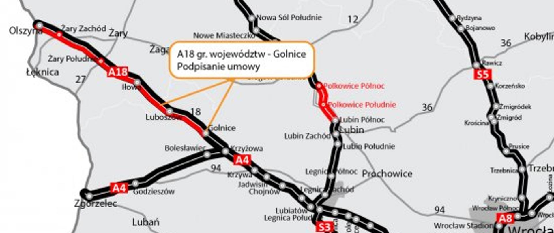 Mapa budowy odcinka autostrady A18 granica Gonice - granica województw